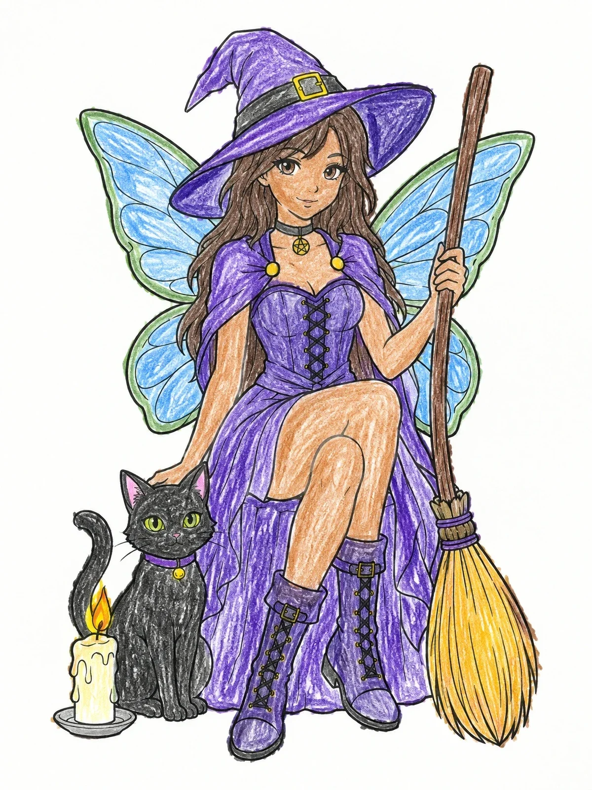 Colored example of the Anime Witch Fairy With Black Cat coloring page
