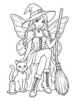 Free printable Anime Witch Fairy With Black Cat coloring page