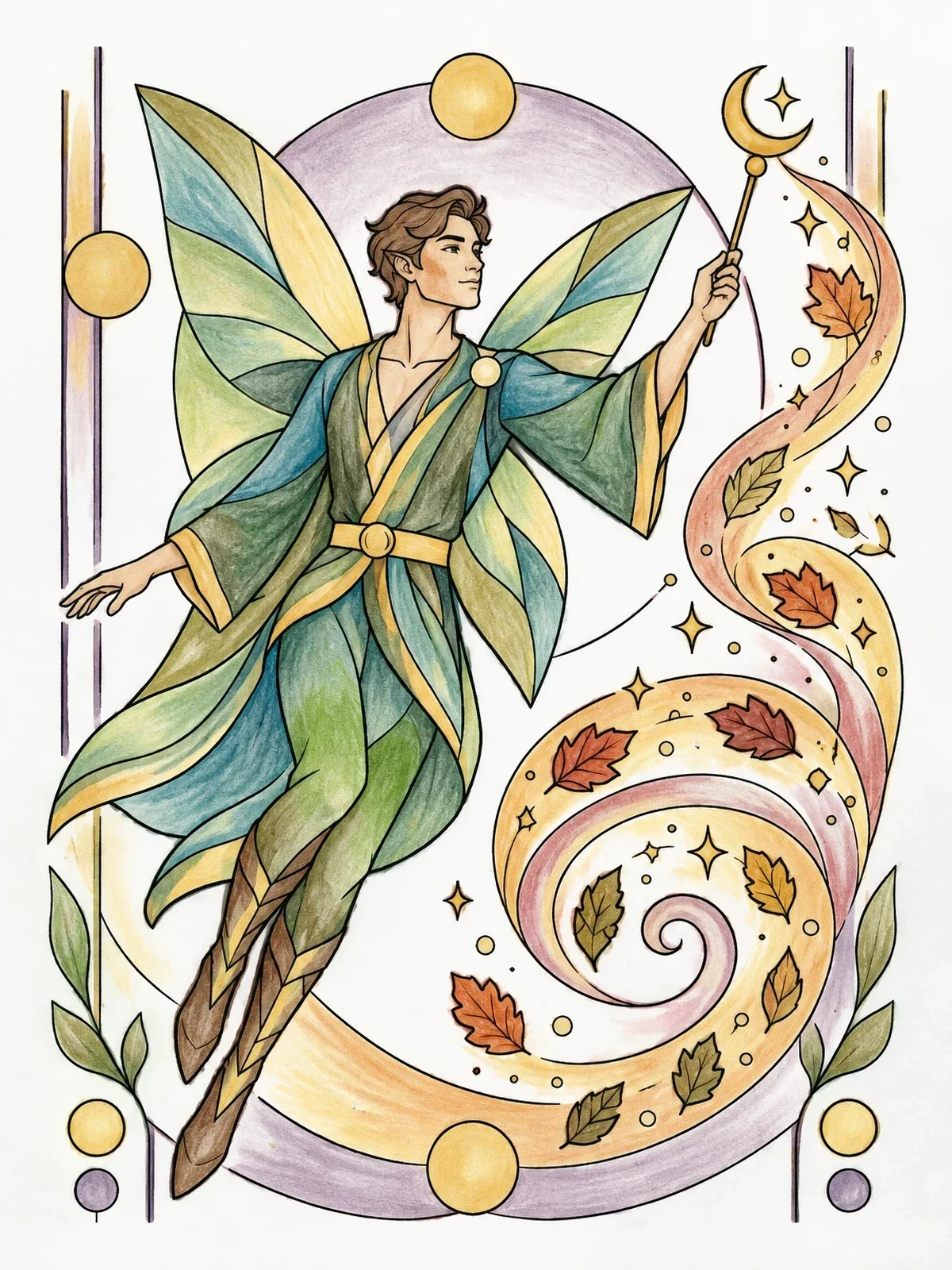 Colored example of the Autumn Fairy With Crescent Moon Wand coloring page