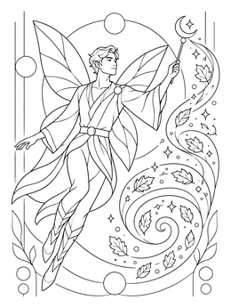 An enchanting halloween fairy coloring page showing a winged elf casting swirling autumn leaves.
