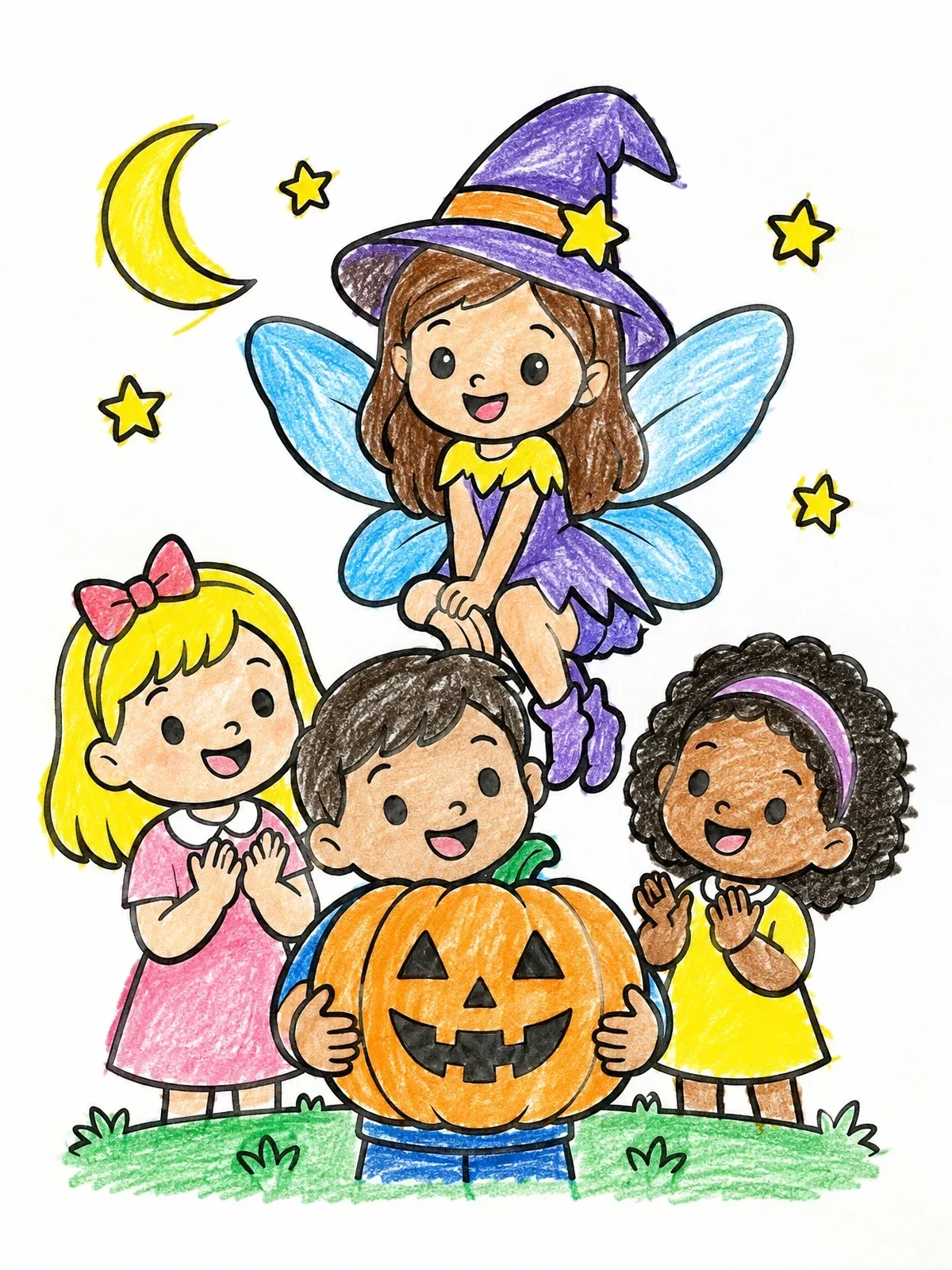 Colored example of the Halloween Fairy And Happy Children coloring page