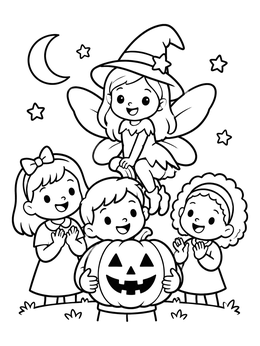 Free printable Halloween Fairy And Happy Children coloring page