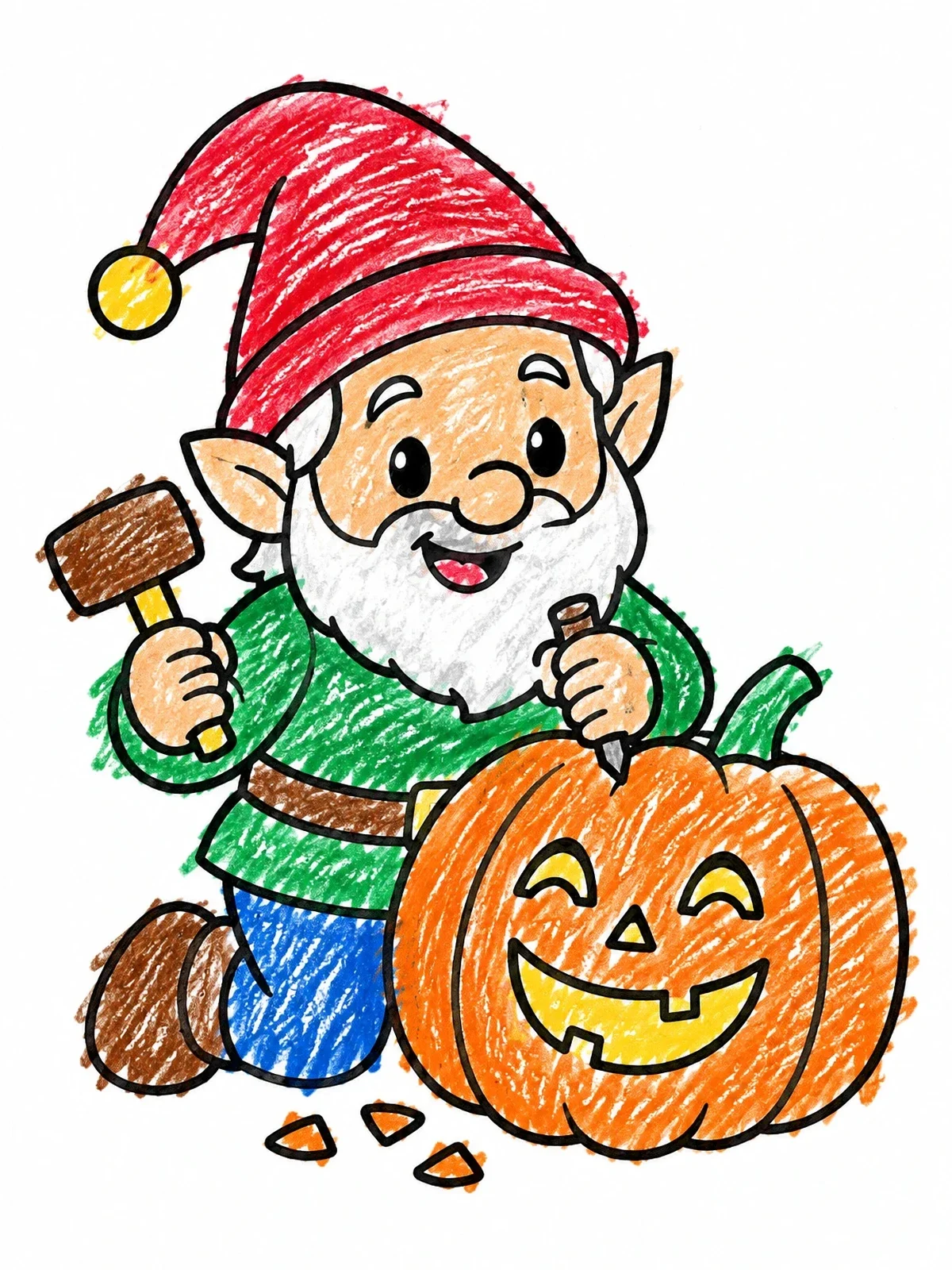 Colored example of the Garden Elf Carving A Jack O' Lantern coloring page