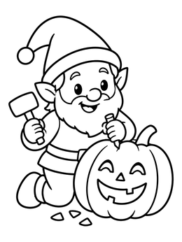 Free printable Garden Elf Carving A Jack O' Lantern coloring page