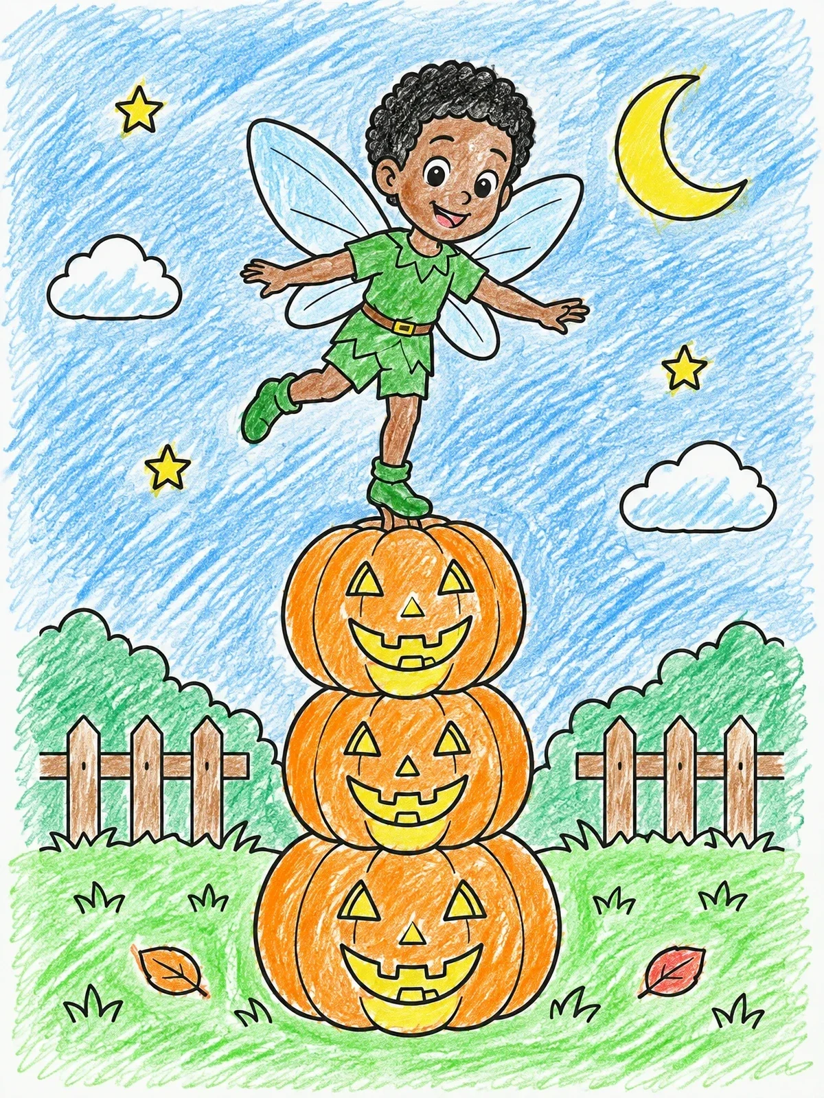 Colored example of the Fairy Balancing On Jack O' Lanterns coloring page