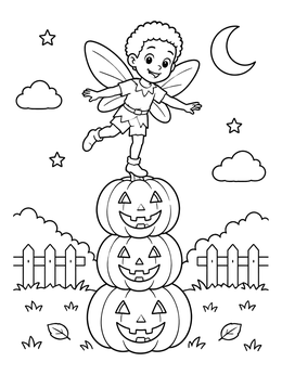 Free printable Fairy Balancing On Jack O' Lanterns coloring page