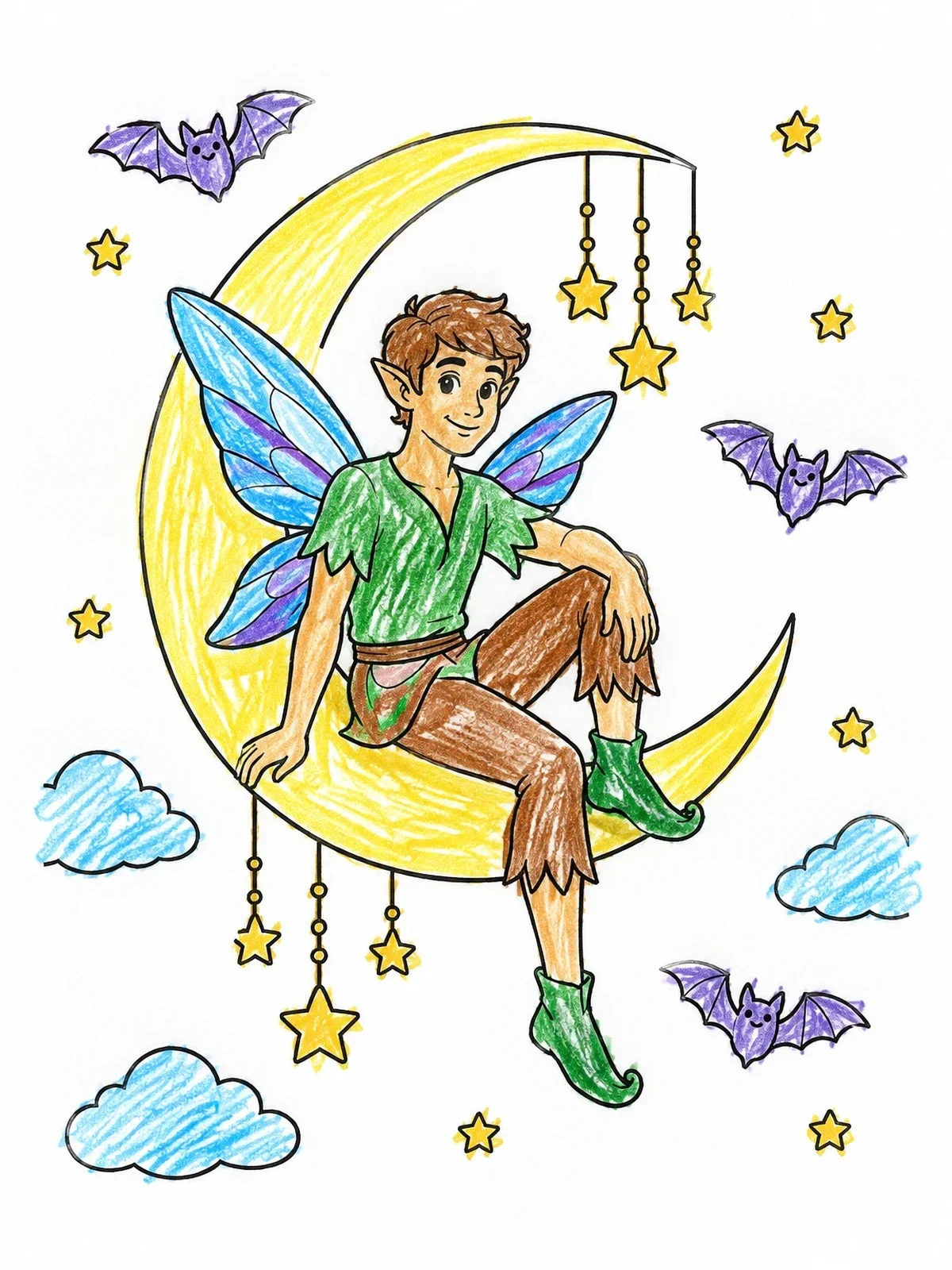 Colored example of the Fairy Boy On Crescent Moon coloring page