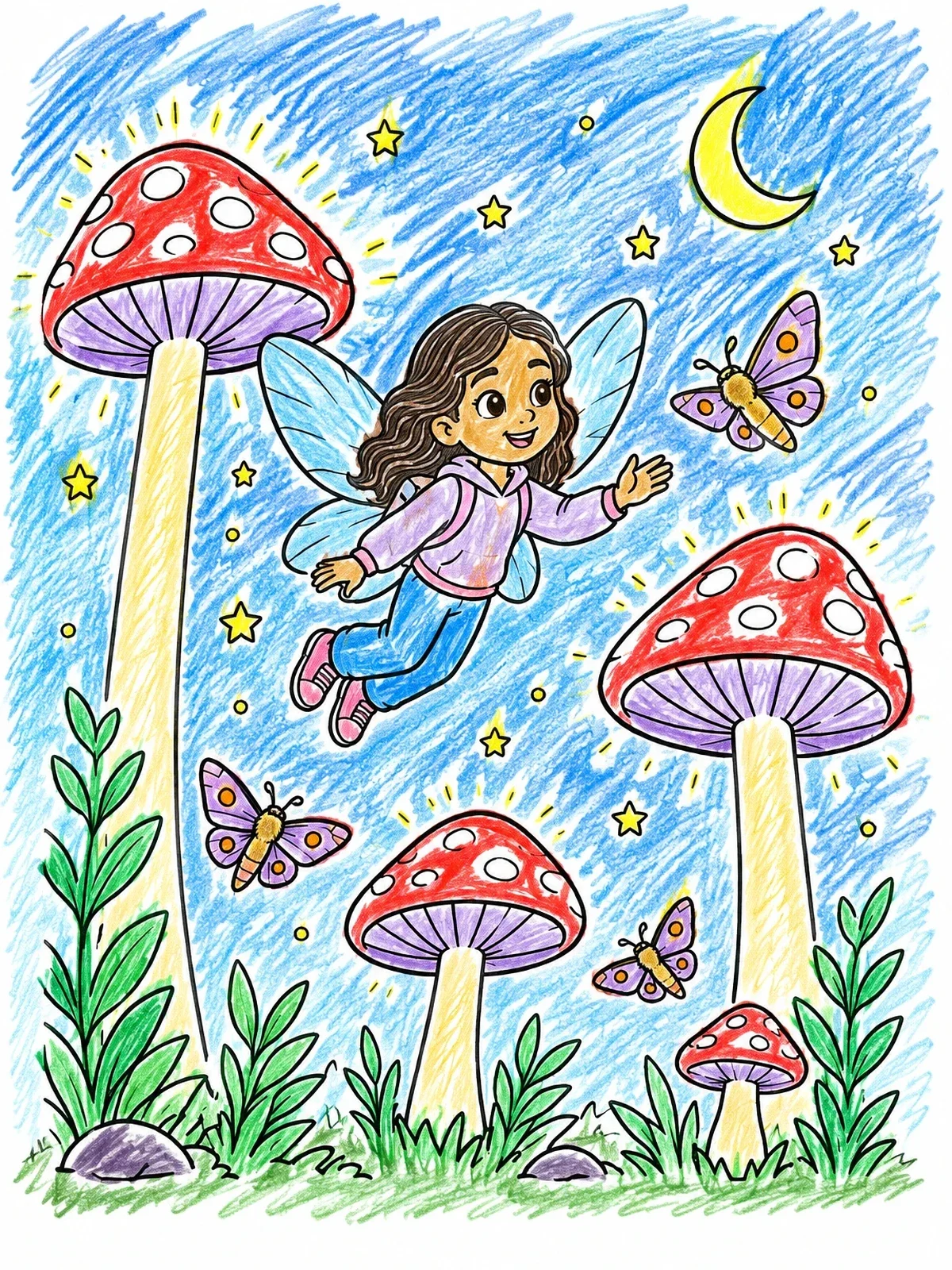 Colored example of the Fairy Flying Among Night Mushrooms coloring page