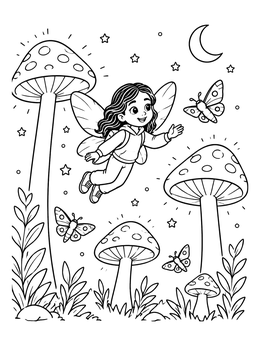Free printable Fairy Flying Among Night Mushrooms coloring page