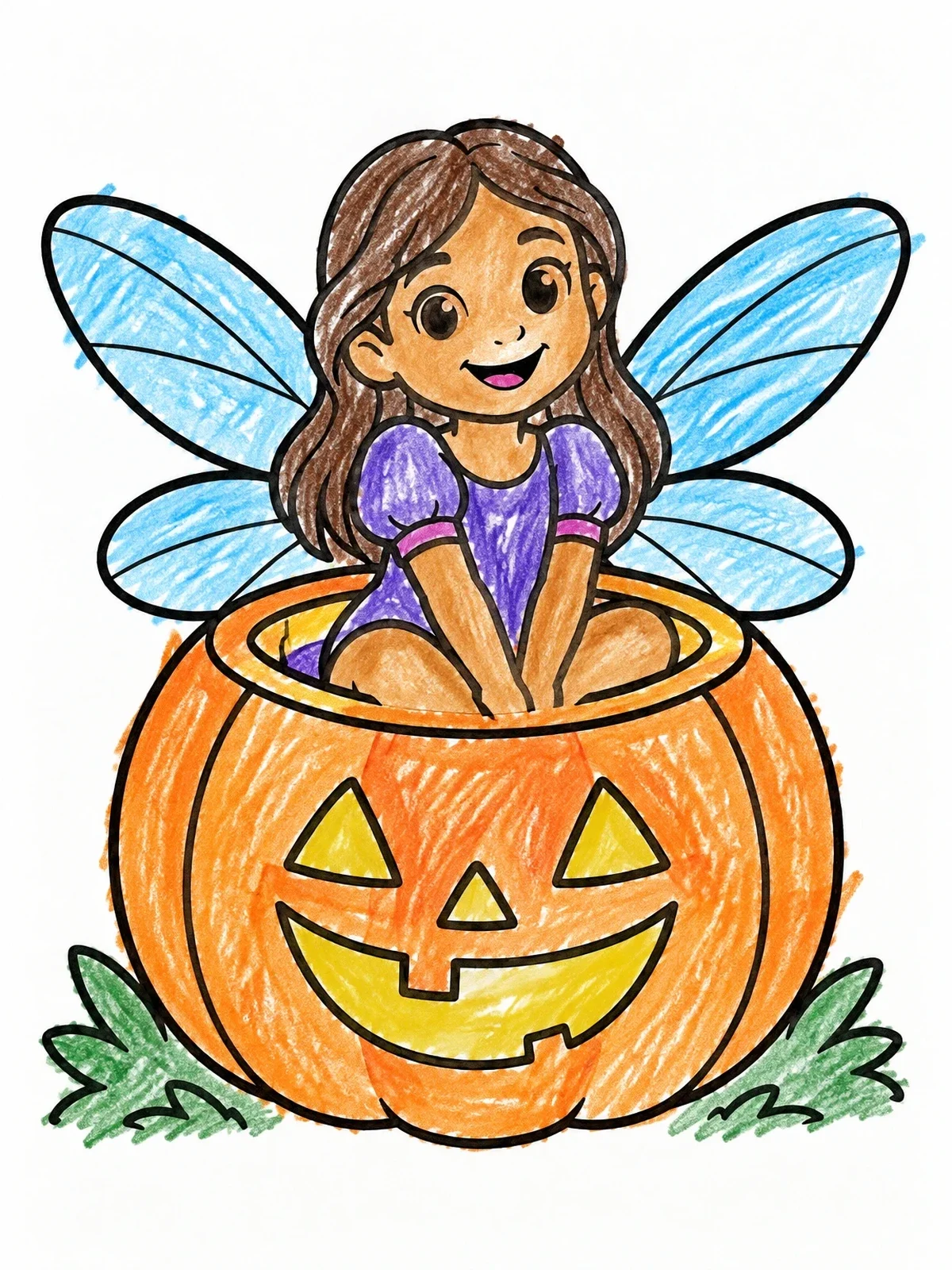 Colored example of the Fairy Inside A Carved Pumpkin coloring page