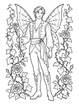 An elven halloween fairy coloring page framed by climbing roses and ivy vines.