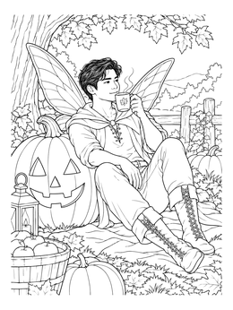 A winged fairy relaxing beside a carved pumpkin in this halloween fairy coloring page.
