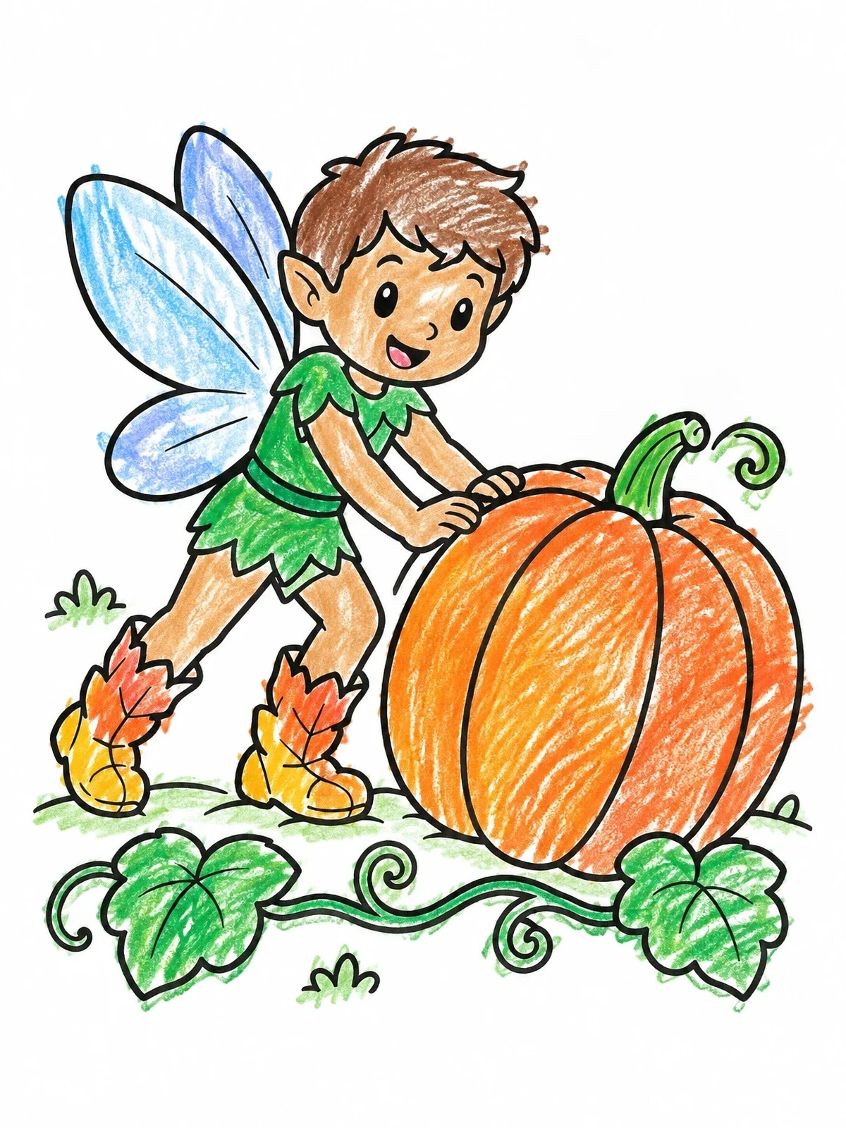 Colored example of the Fairy Rolling A Big Pumpkin coloring page