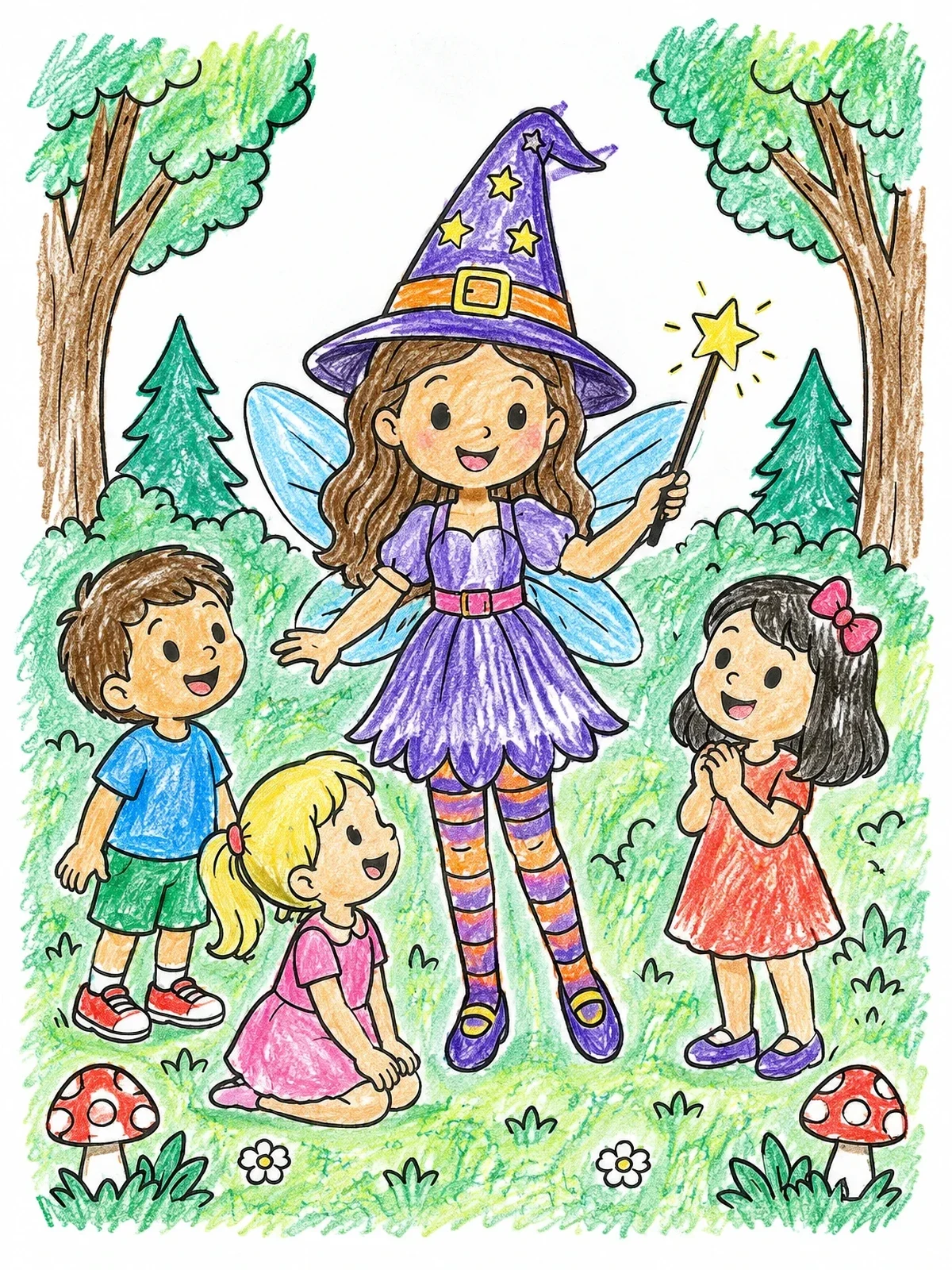 Colored example of the Halloween Fairy With Forest Children coloring page