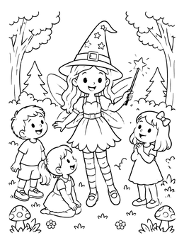Free printable Halloween Fairy With Forest Children coloring page