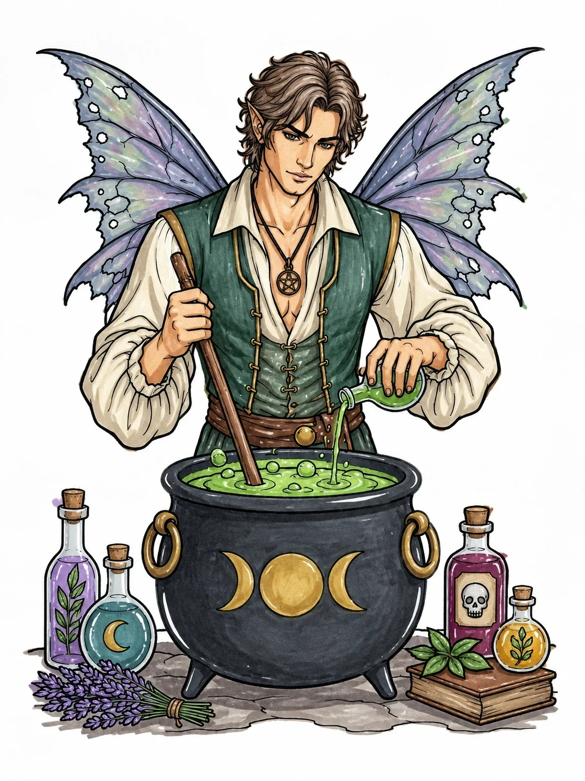 Colored example of the Gothic Fairy Brewing A Potion coloring page