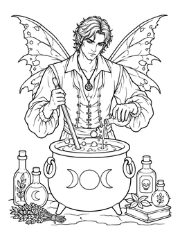 A halloween fairy coloring page showing a winged male fairy brewing a bubbling potion in a large cauldron.