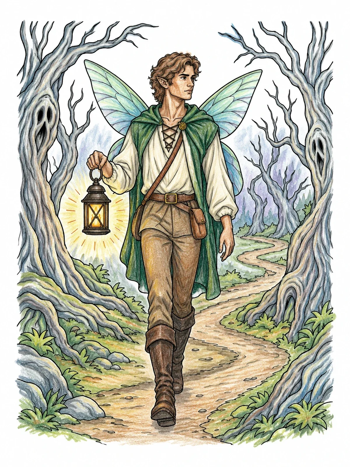 Colored example of the Halloween Fairy With Lantern In Haunted Woods coloring page