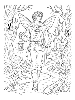 A winged traveler walks a spooky forest path in this halloween fairy coloring page.
