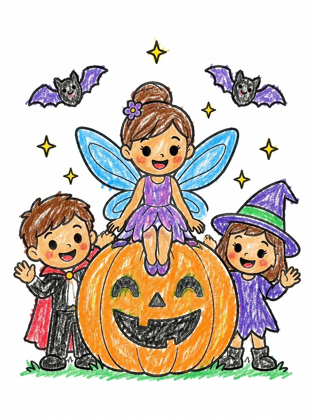 Colored example of the Halloween Fairy On A Pumpkin With Friends coloring page
