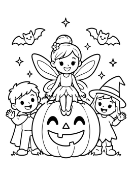Free printable Halloween Fairy On A Pumpkin With Friends coloring page
