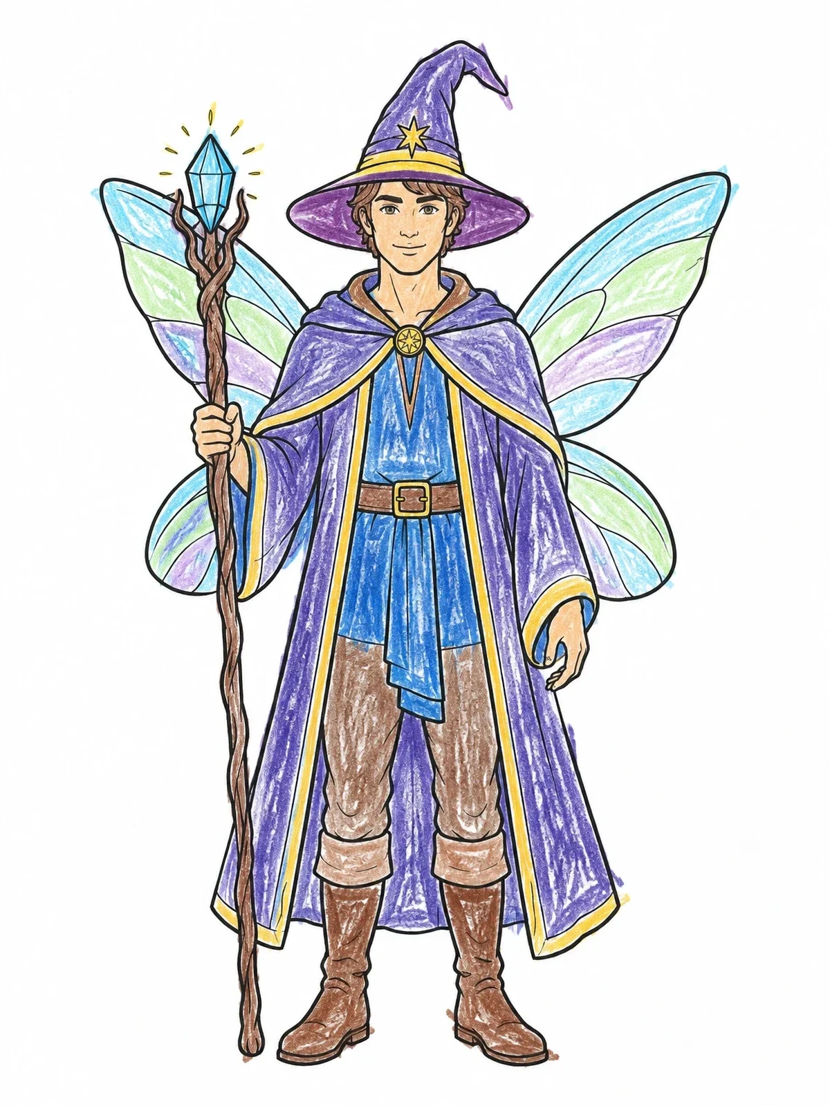 Colored example of the Halloween Fairy Wizard With Crystal Staff coloring page