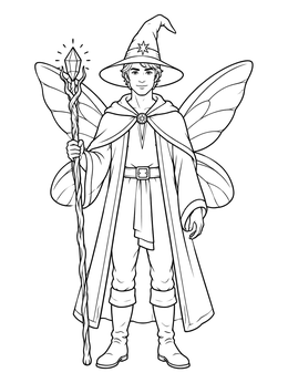 A halloween fairy coloring page showing a winged wizard in a pointed hat holding a glowing staff.