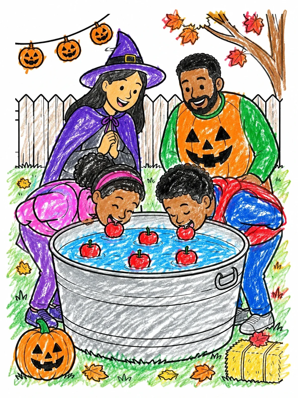 Colored example of the Family Bobbing For Apples coloring page