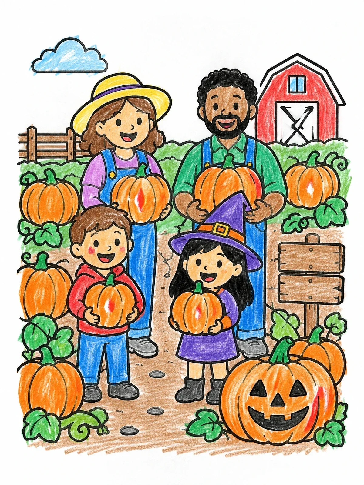 Colored example of the Family Visiting The Pumpkin Patch coloring page