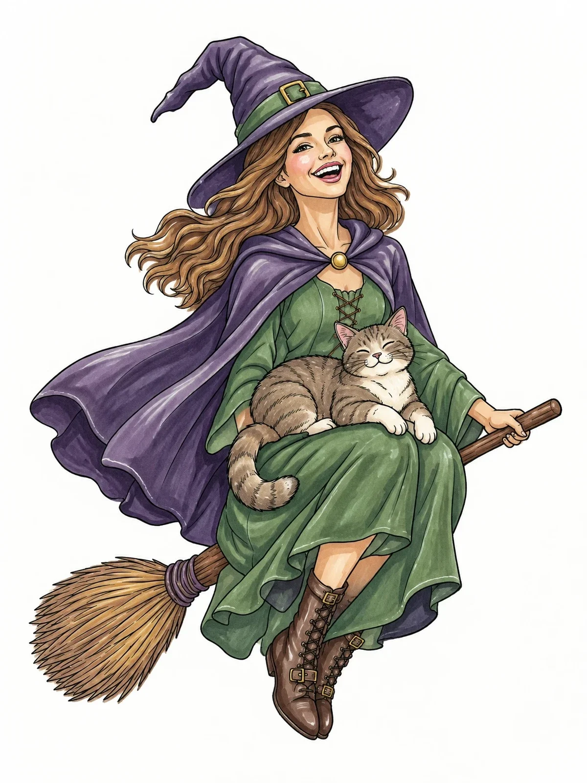 Colored example of the Cheerful Witch Flying With Cat coloring page
