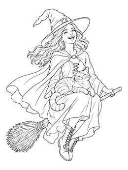 A smiling witch in this halloween flying witch coloring page rides a broomstick with a happy cat.