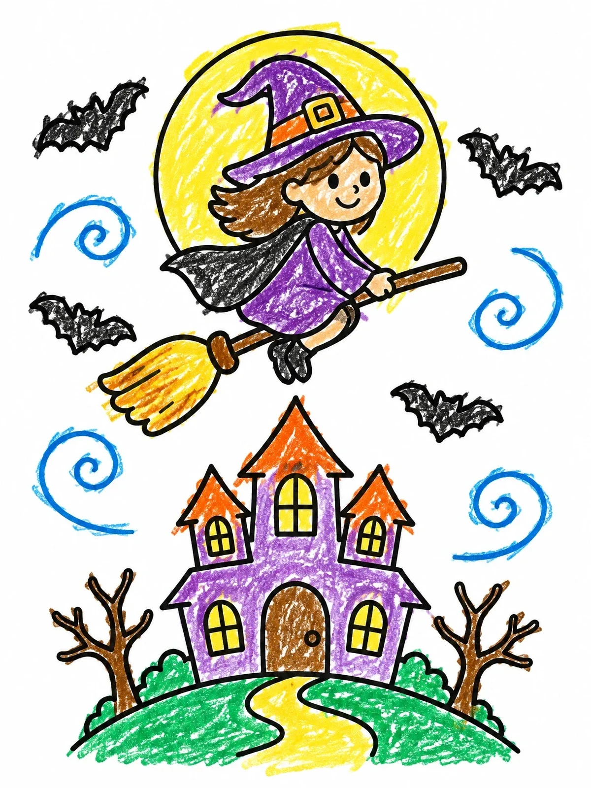 Colored example of the Cute Witch Flying Over Haunted Castle coloring page