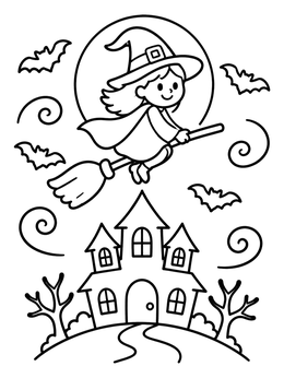Free printable Cute Witch Flying Over Haunted Castle coloring page