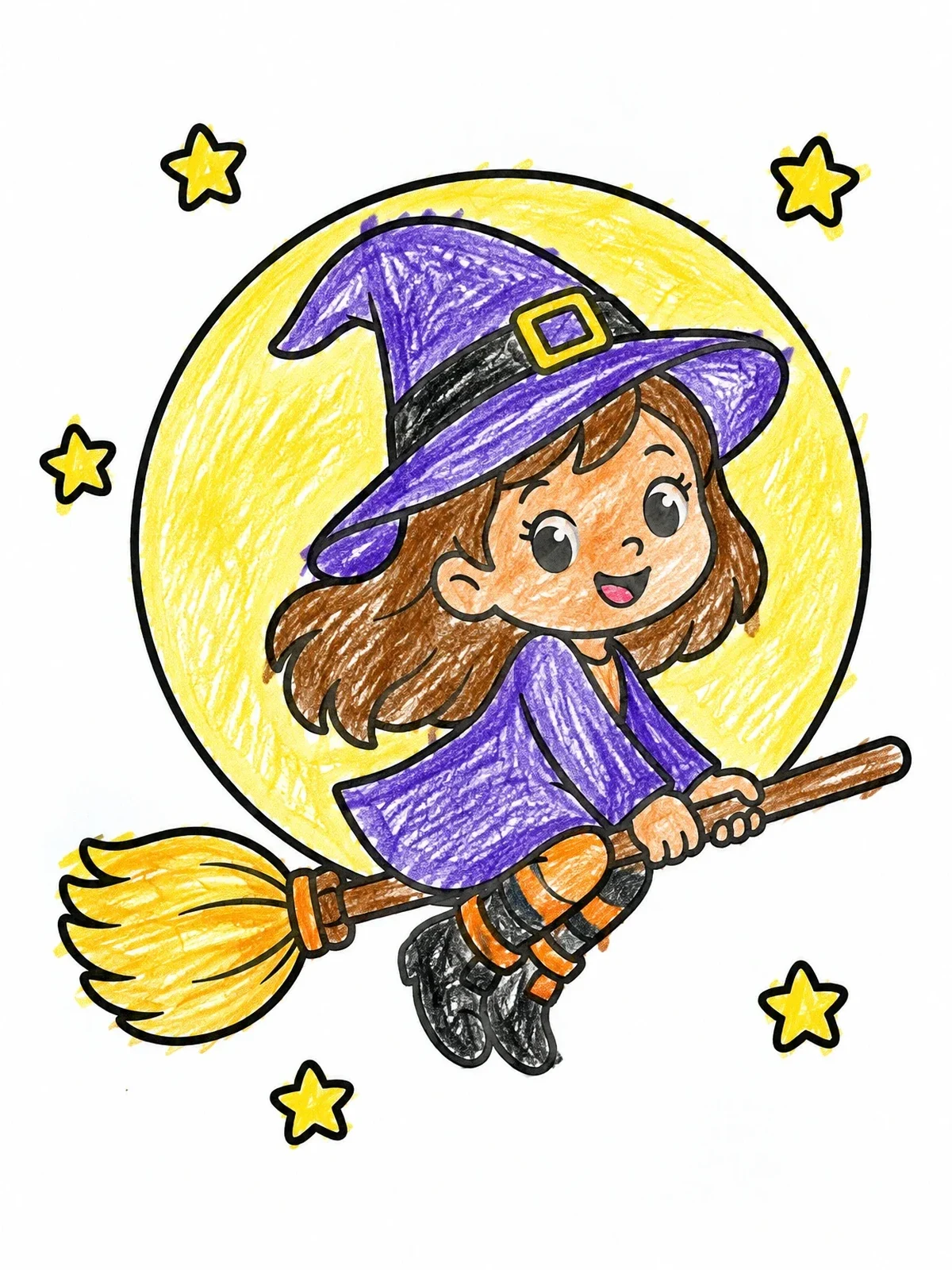 Colored example of the Cute Little Witch On Broomstick coloring page