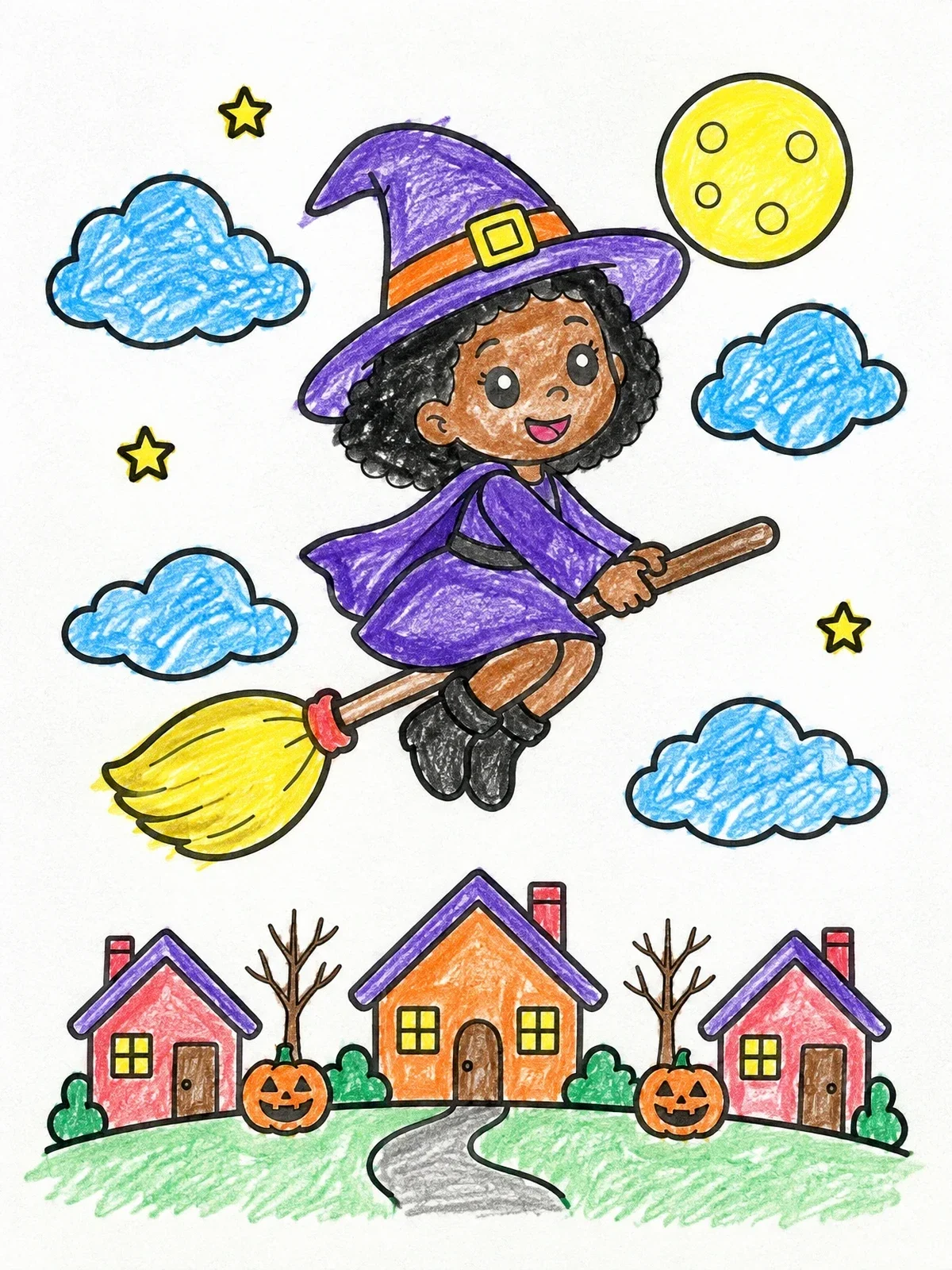 Colored example of the Cute Little Witch Flying Over Town coloring page
