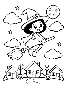 A cute halloween flying witch coloring page with a young girl on a broomstick above houses and pumpkins.