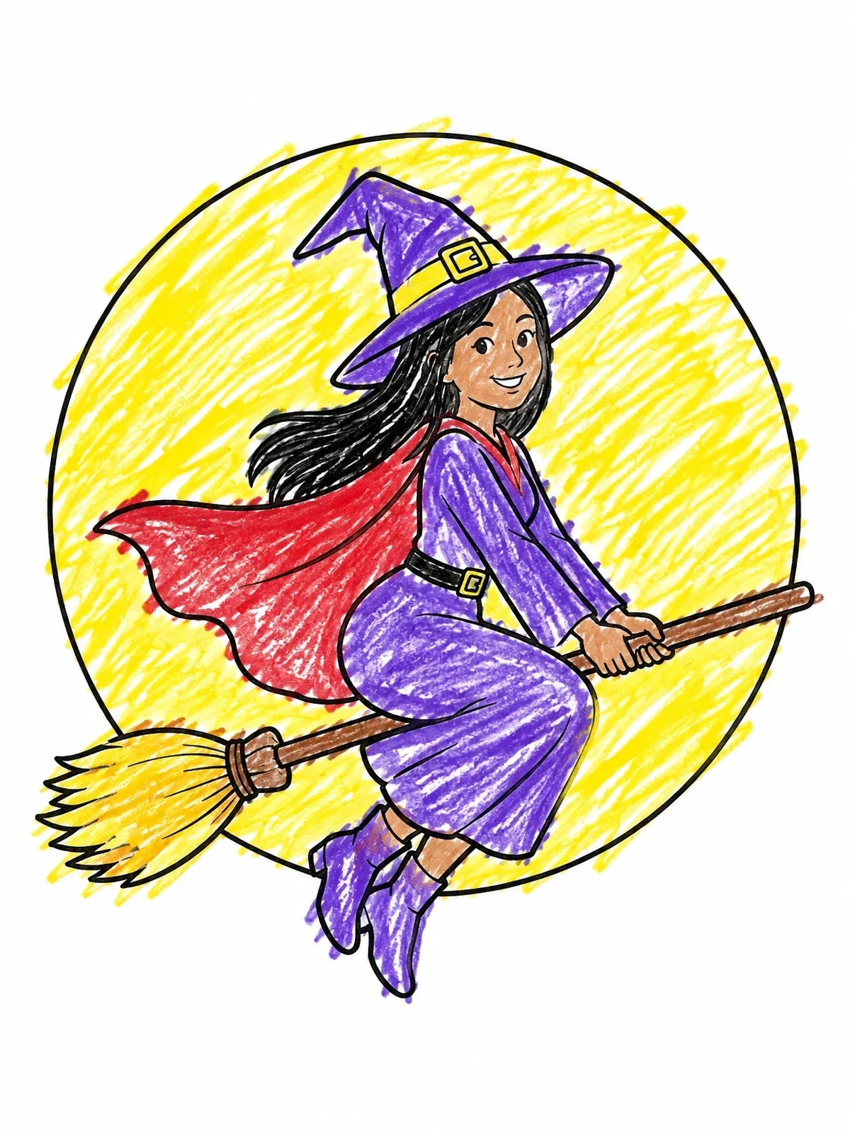 Colored example of the Cute Witch Flying Past The Moon coloring page