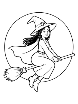 Free printable Cute Witch Flying Past The Moon coloring page