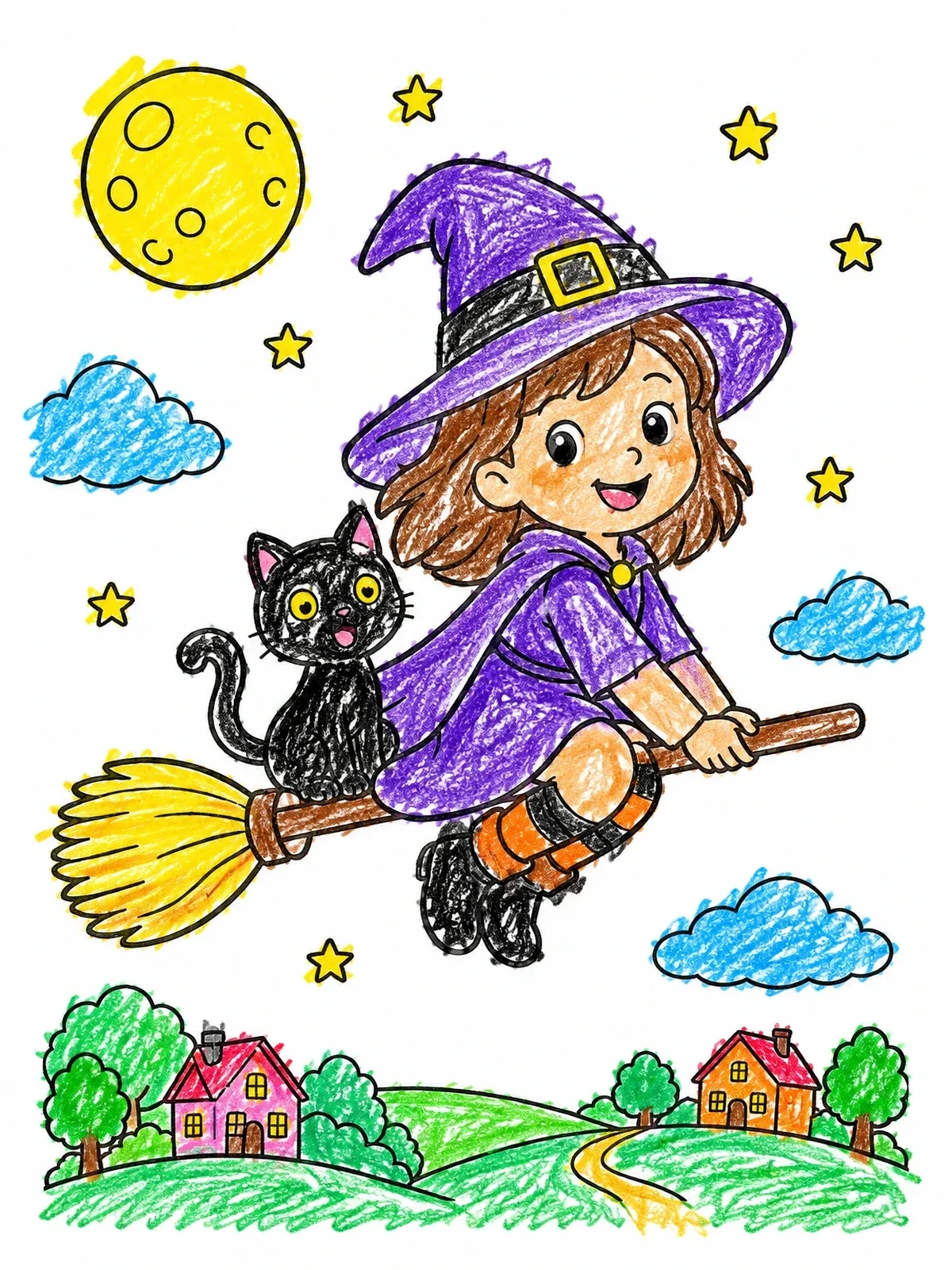 Colored example of the Cute Witch Flying With Kitten coloring page