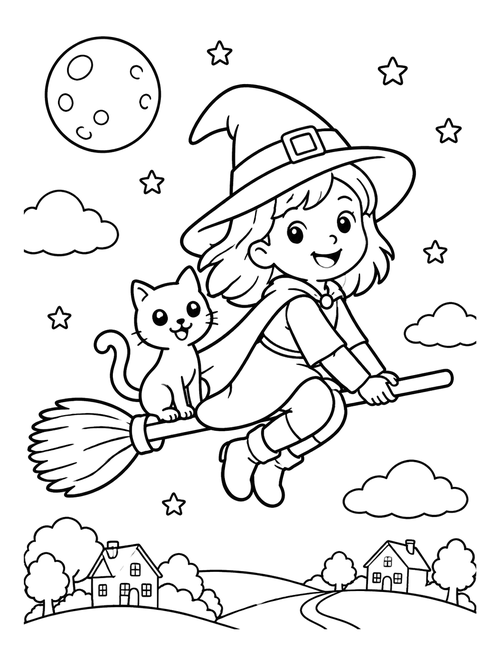 Cute Witch Flying with Kitten coloring page