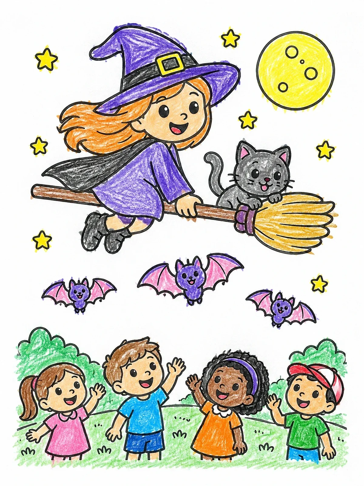 Colored example of the Friendly Little Witch Flying On Broom coloring page