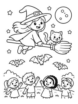 A cheerful halloween flying witch coloring page with a cute cat, bats, and waving children.
