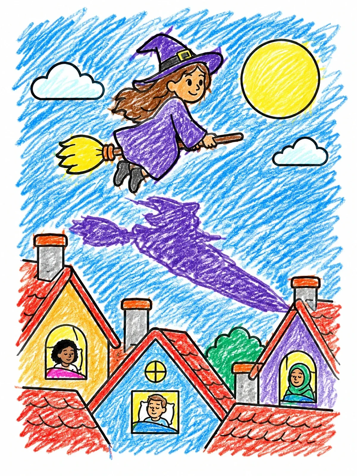Colored example of the Friendly Witch Flying Over Rooftops coloring page