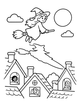 Free printable Friendly Witch Flying Over Rooftops coloring page