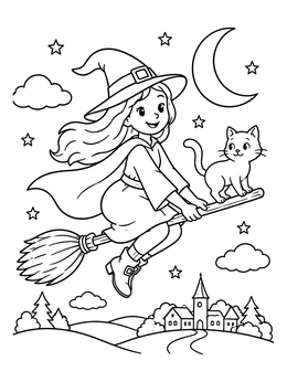 Free printable Little Witch And Cat Flying On Broomstick coloring page
