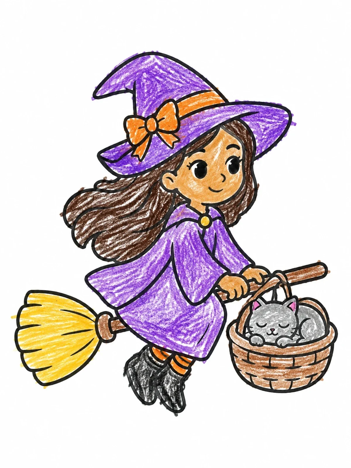 Colored example of the Little Witch Flying With Cat In Basket coloring page