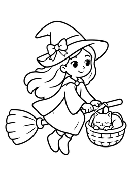 Free printable Little Witch Flying With Cat In Basket coloring page