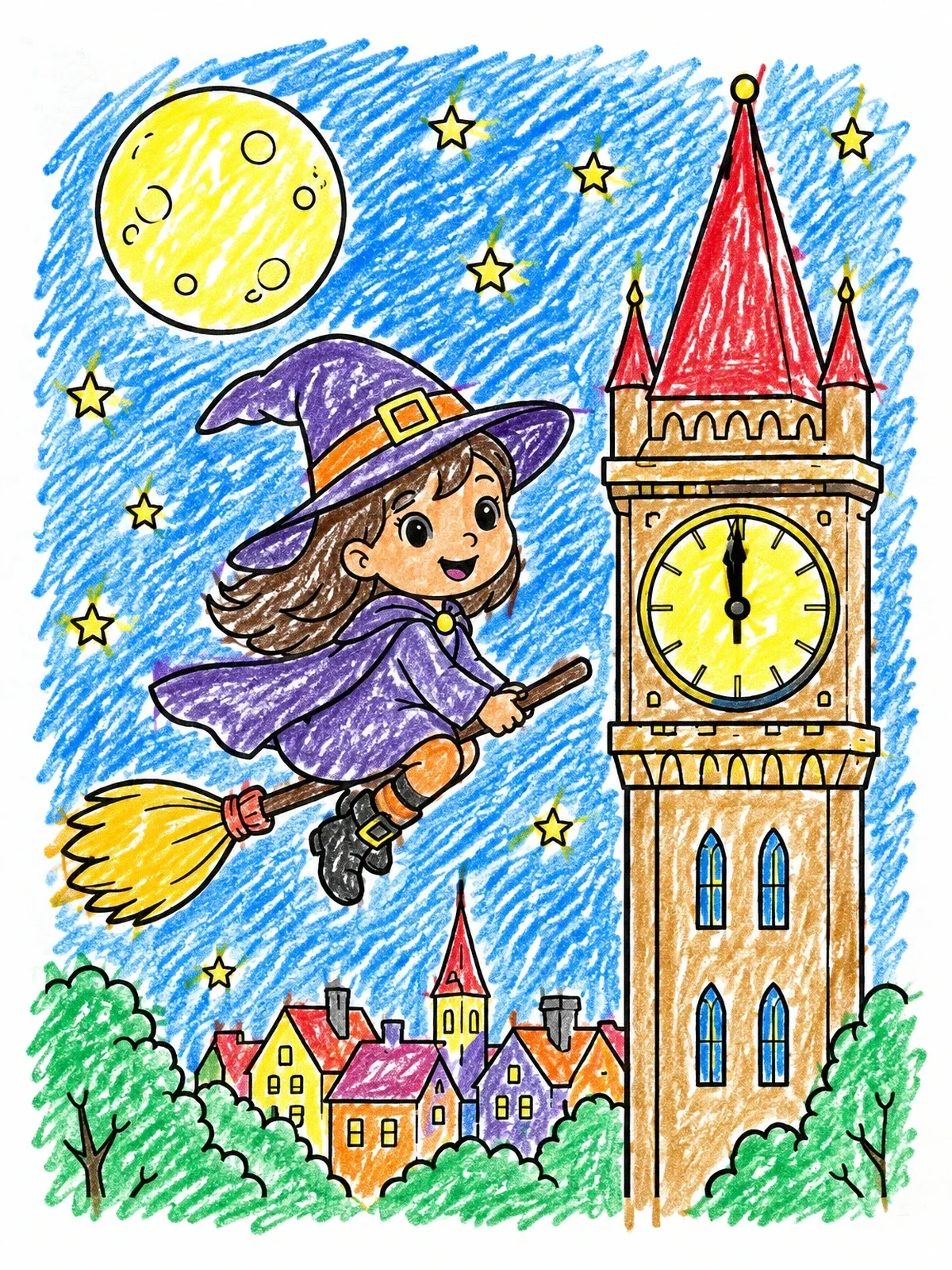 Colored example of the Little Witch Flying Past Clock Tower coloring page