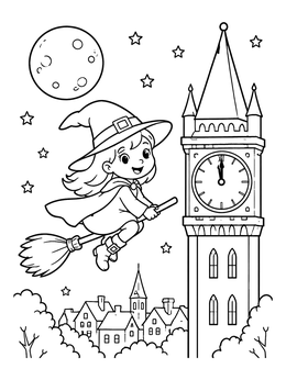 Free printable Little Witch Flying Past Clock Tower coloring page