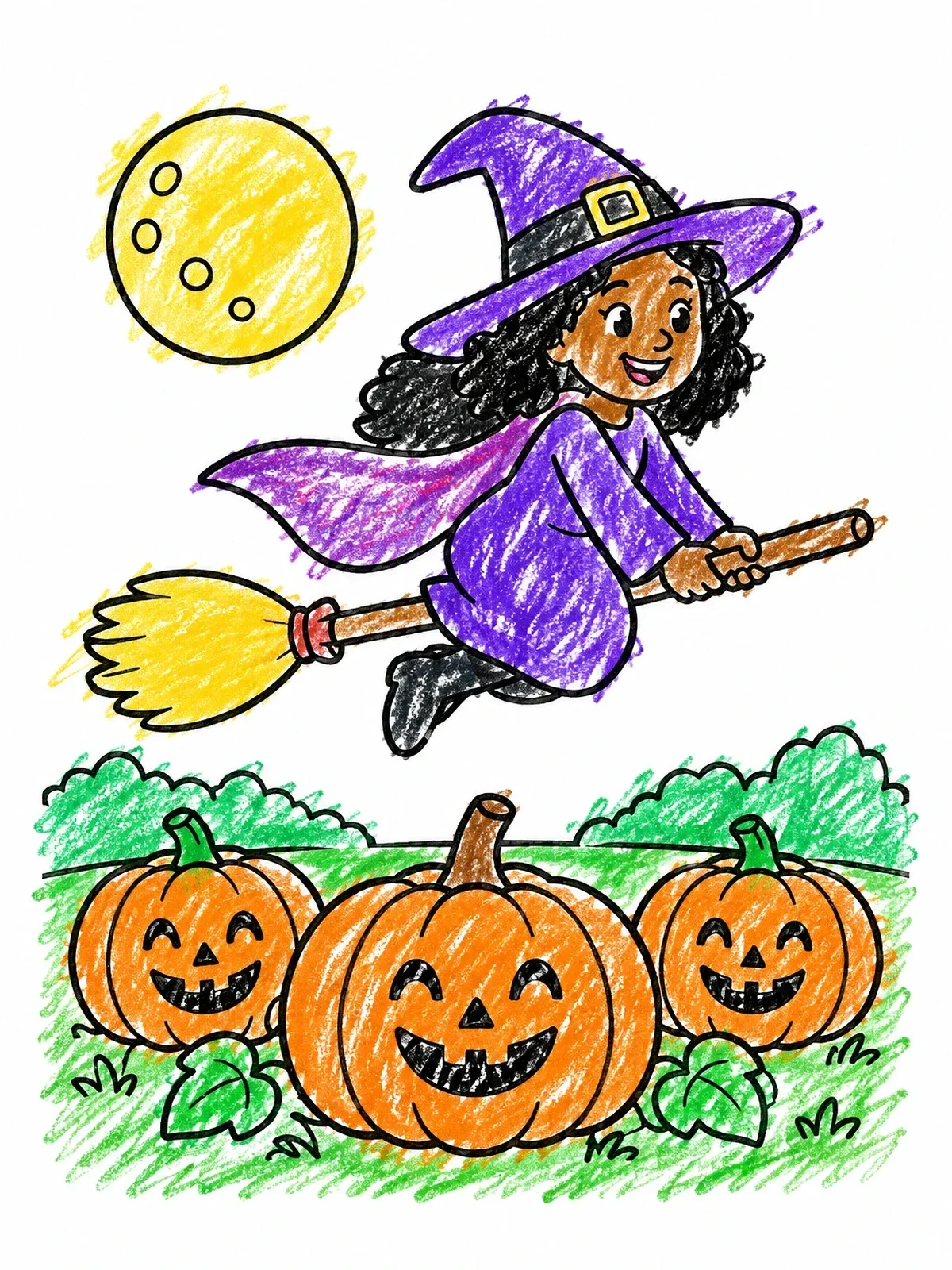 Colored example of the Little Witch Flying Over Pumpkins coloring page